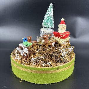 Vintage Christmas Scene Santa Sleigh Reindeer Birds Bottle Brush Tree Diorama